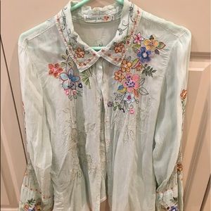 Johnny Was Mint Embroidered Blouse